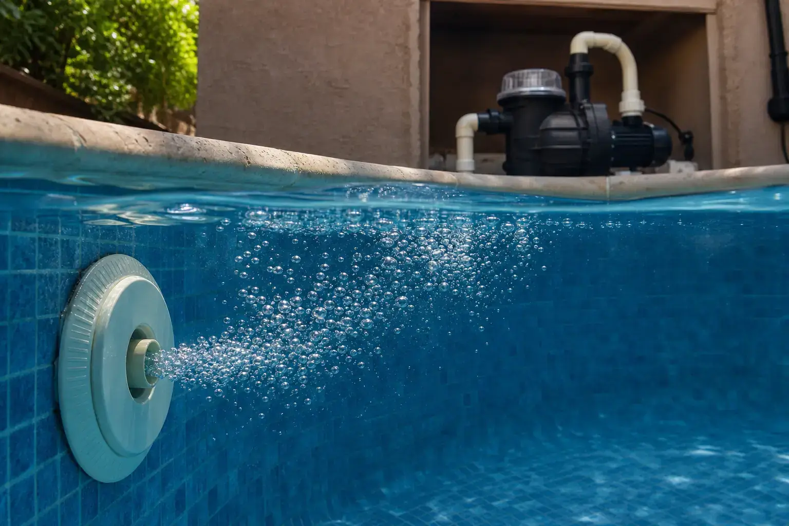 Train de petites bulles sortant d’une buse de piscine tandis qu’un préfiltre transparent est observé dans le local technique