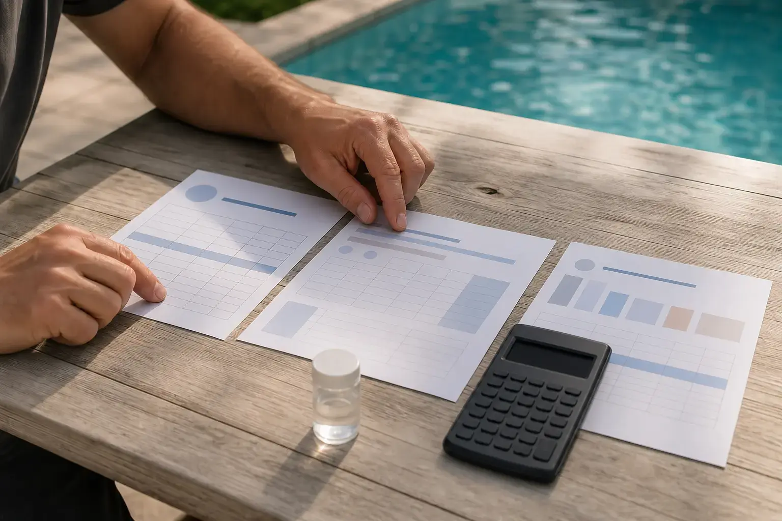 Deux mains comparent trois feuilles de relevés avec une calculatrice et un flacon d’eau au bord d’une piscine