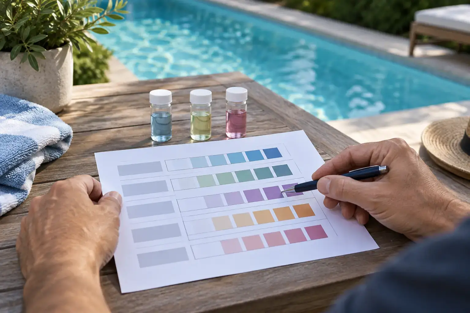 Deux mains comparent un rapport d'analyse d'eau et trois fioles colorimétriques près d'une piscine