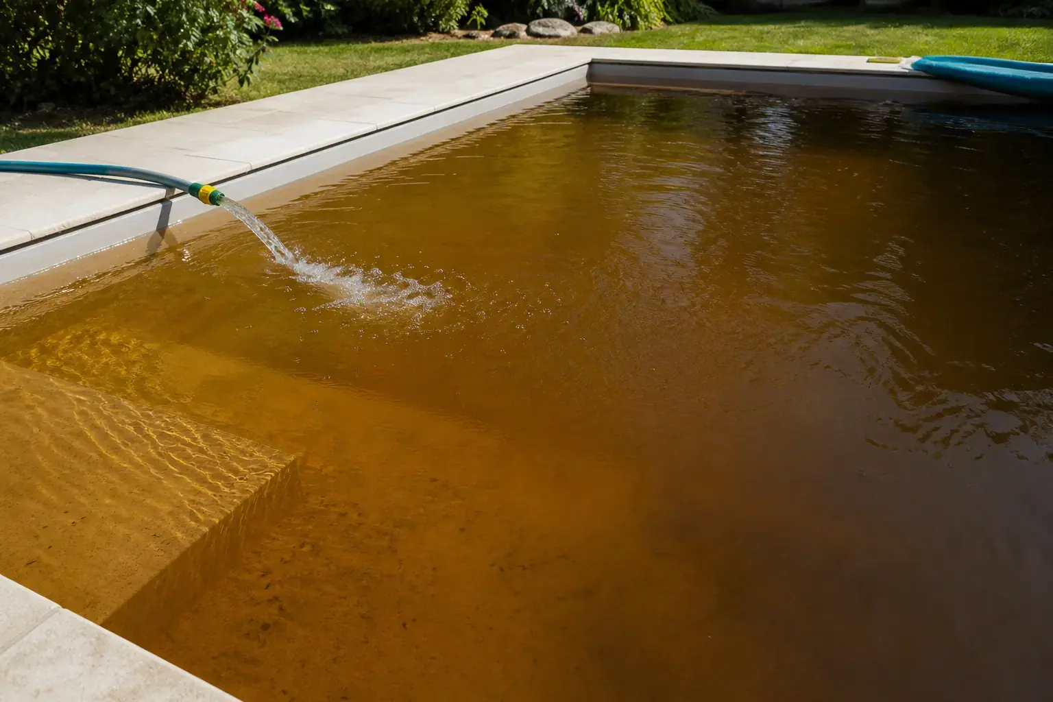 Tuyau remplissant une piscine dont l’eau est devenue jaune-brun, avec de fines particules visibles sur une marche