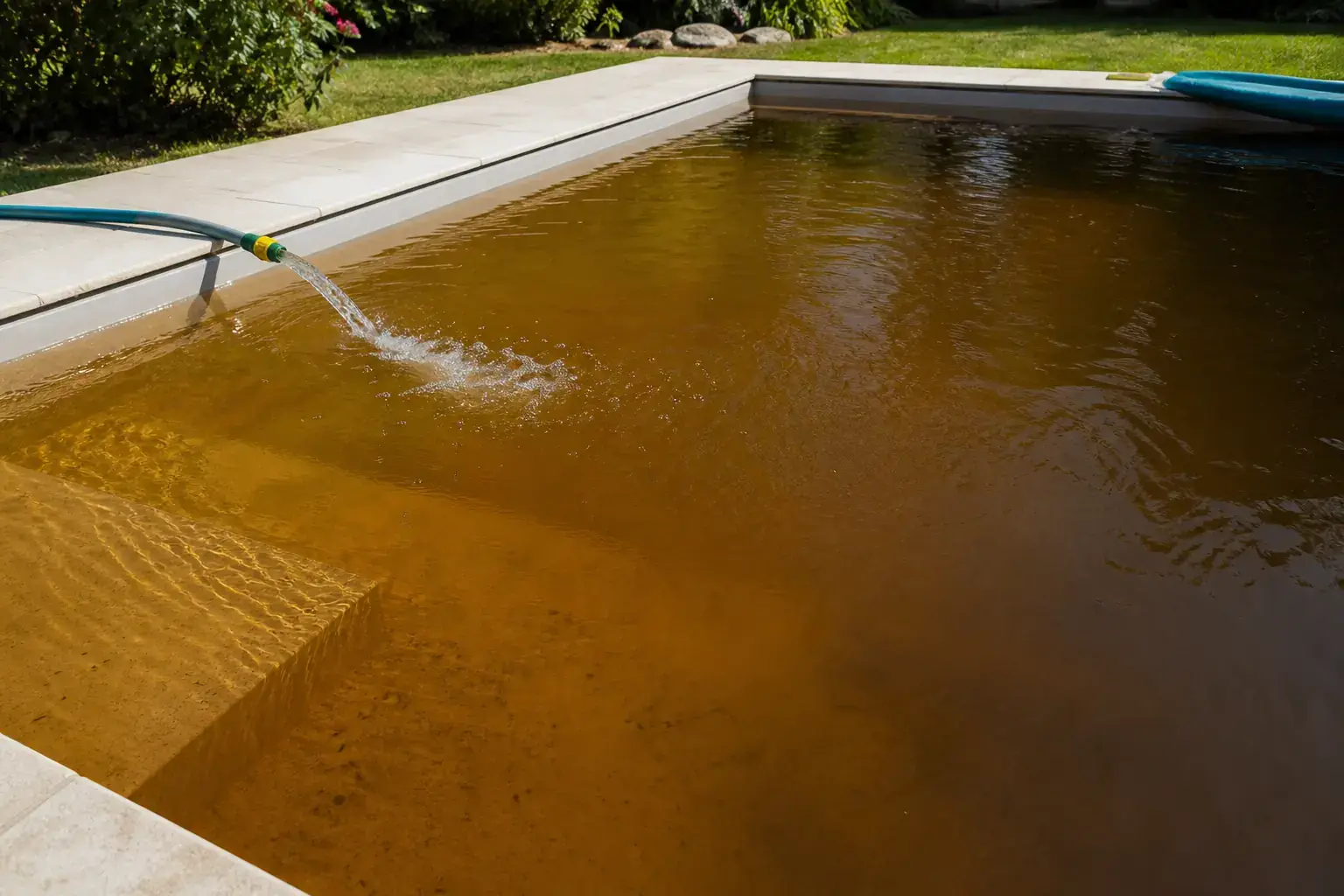 Tuyau remplissant une piscine dont l’eau est devenue jaune-brun, avec de fines particules visibles sur une marche