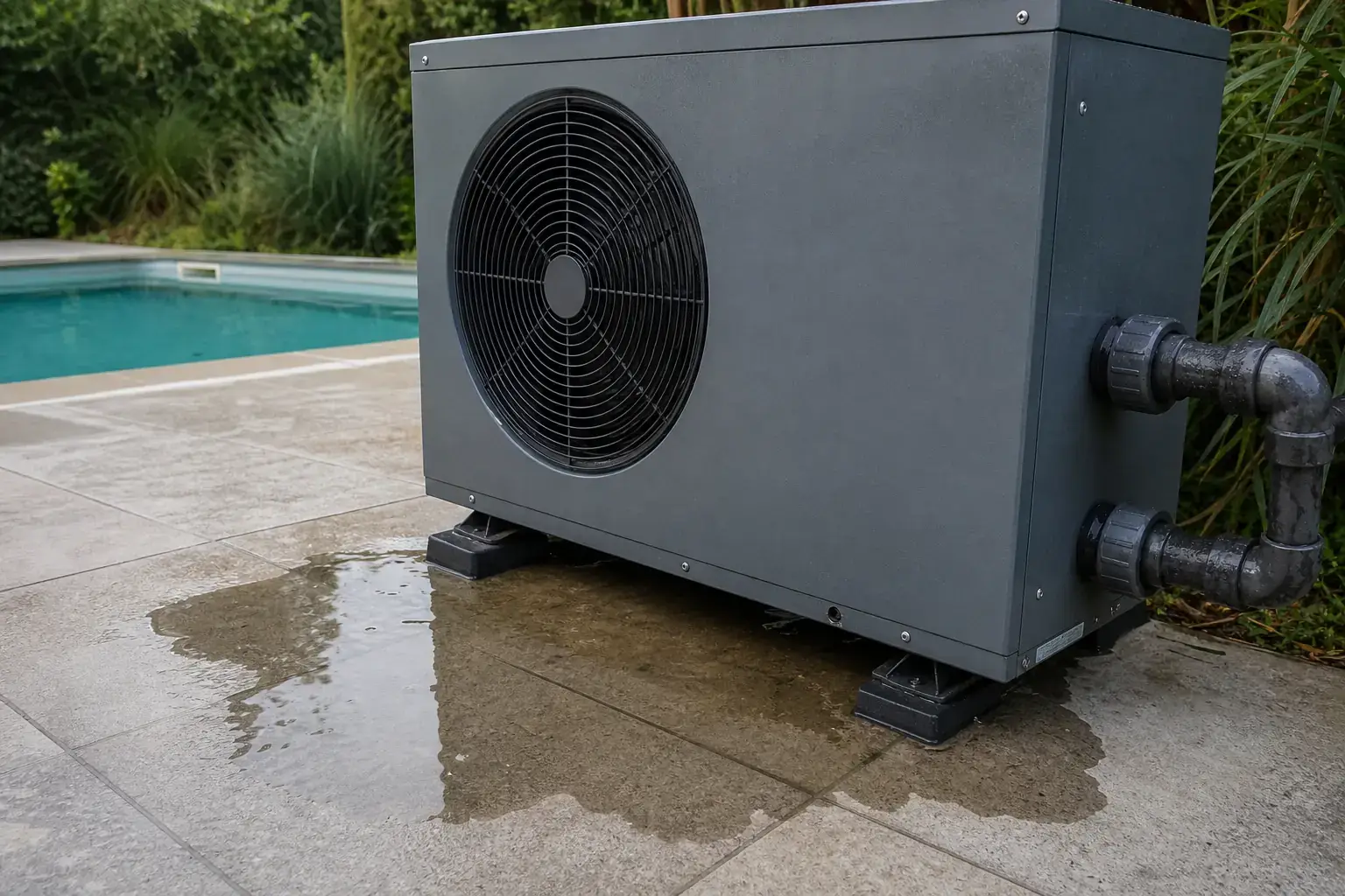 Pompe à chaleur extérieure fermée avec raccords visibles et flaque d’eau sous le socle, au bord d’une piscine