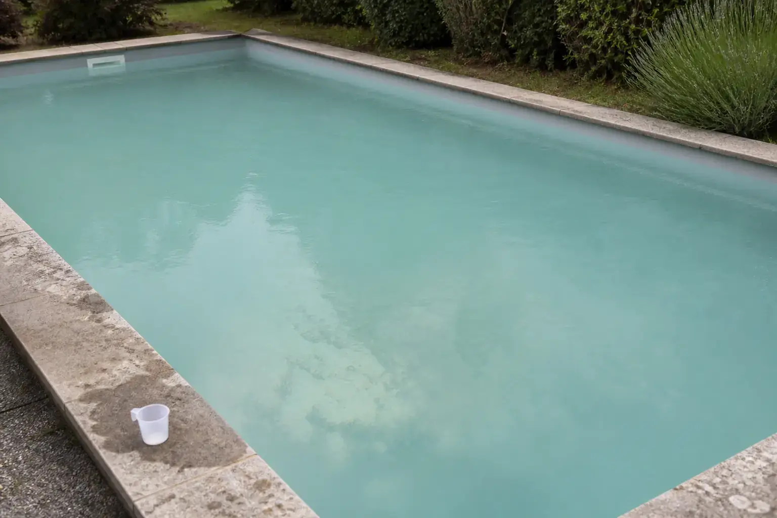 Eau bleu-vert trouble dans une piscine, avec une zone blanchâtre au fond et un doseur vide sur la margelle