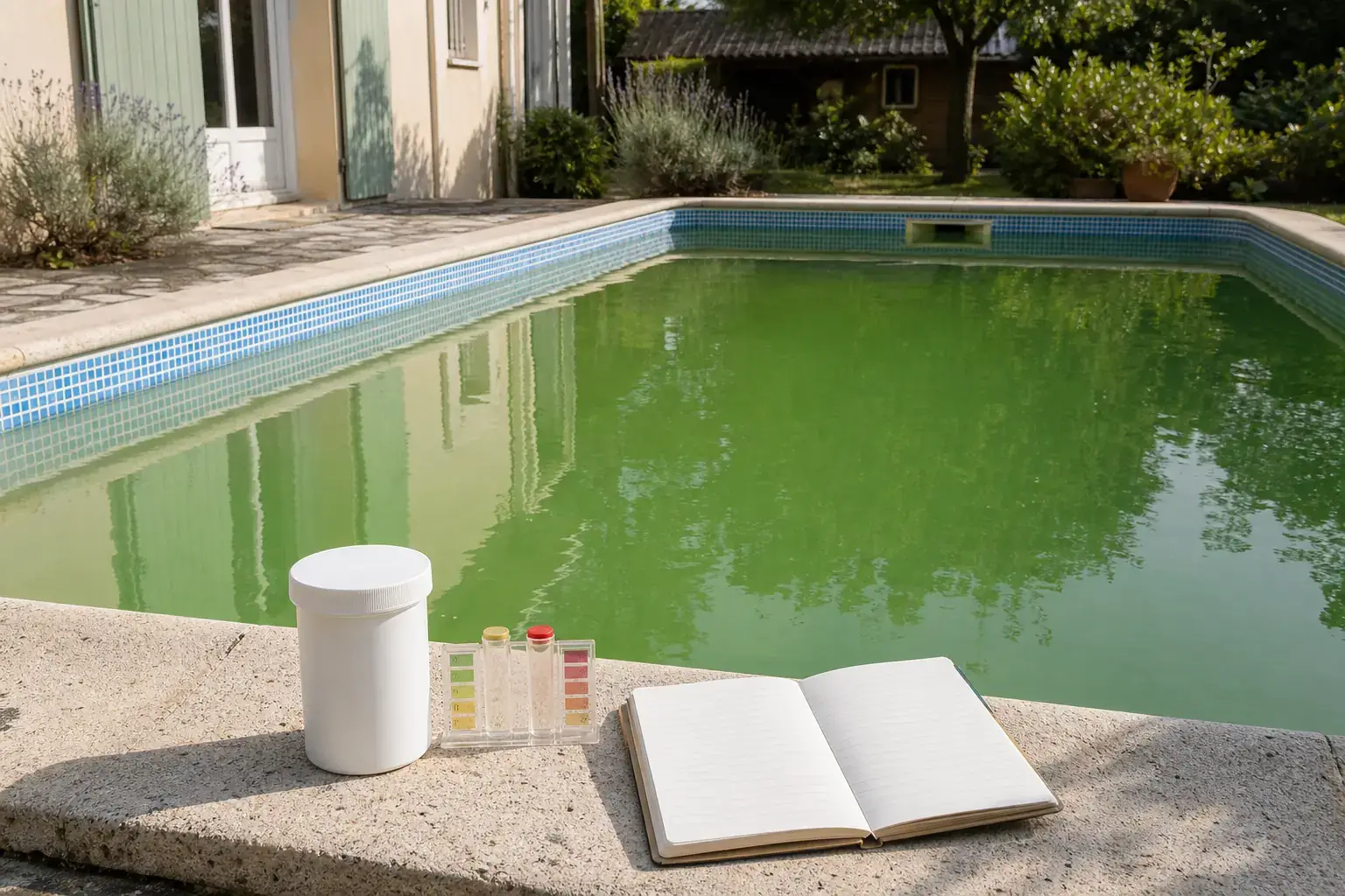 Piscine familiale à l’eau verte avec un carnet, un comparateur d’eau et deux emballages fermés posés sur la margelle