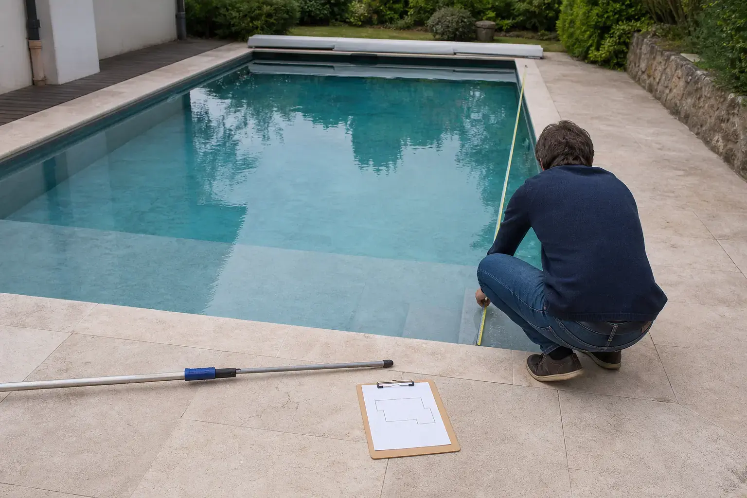 Personne accroupie au bord d’une piscine avec un mètre ruban, une perche et un croquis posés sur la plage