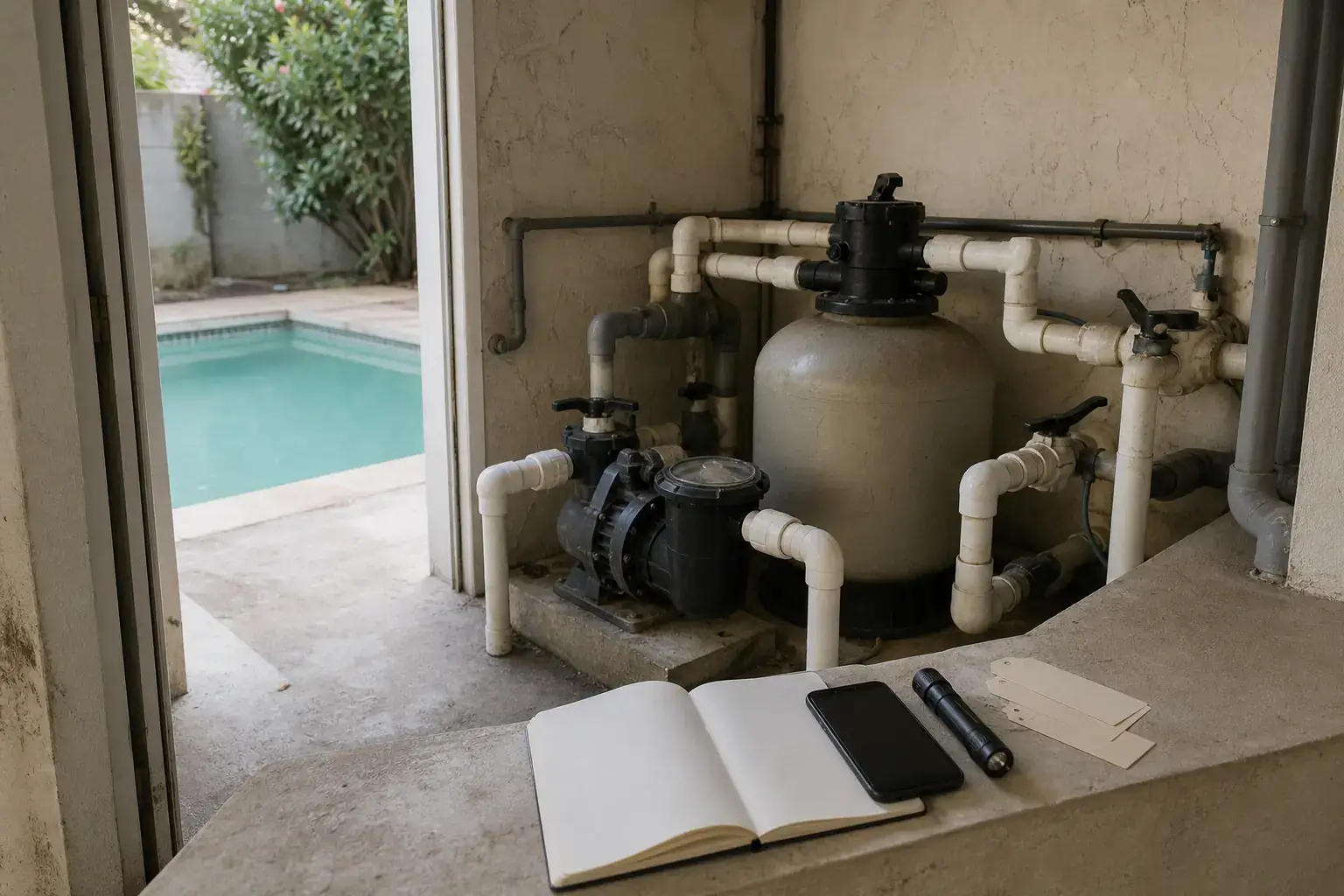 Local technique de piscine avec pompe, filtre, canalisations, carnet ouvert, téléphone et étiquettes vierges
