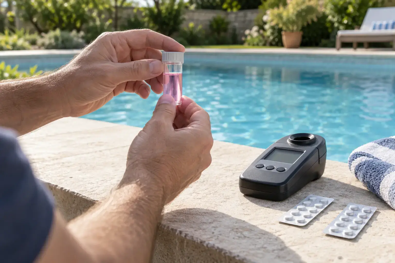 Main tenant une cuve de test rose pâle devant un photomètre et deux plaquettes de réactifs au bord d'une piscine