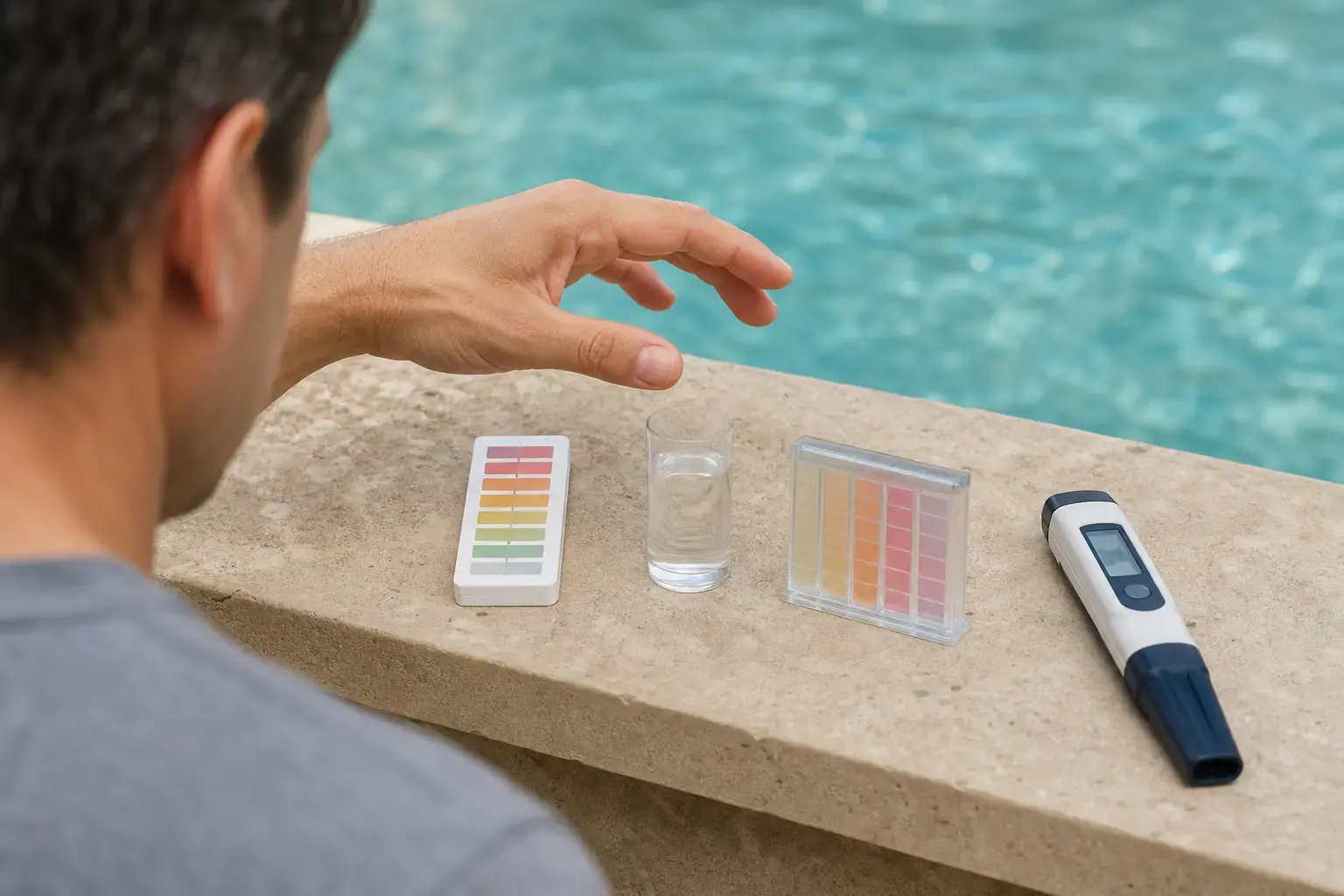 Une personne compare trois dispositifs d’analyse autour d’un échantillon d’eau au bord d’une piscine