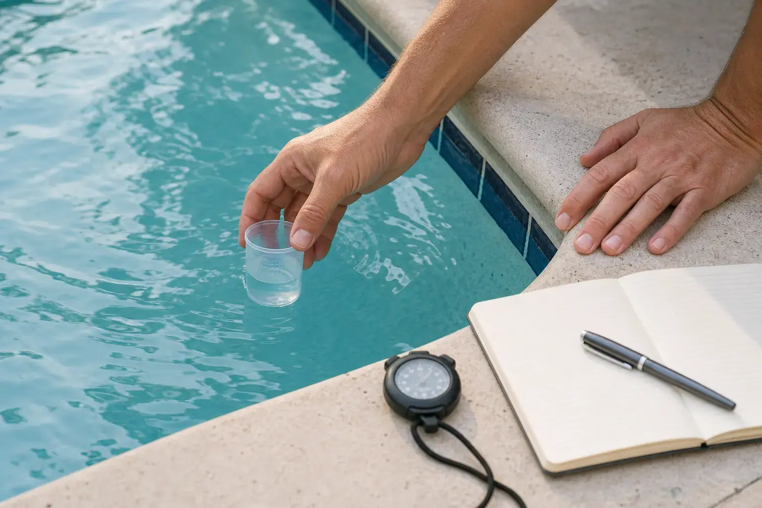 Mains tenant un récipient transparent au bord d’une piscine, près d’un chronomètre, d’un carnet et d’un stylo