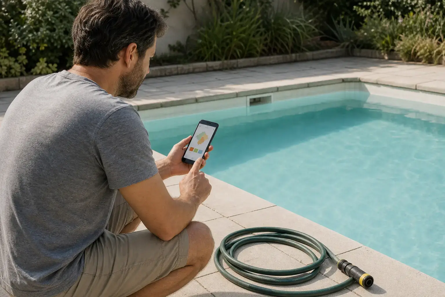 Un homme consulte son téléphone au bord d’une piscine, près d’un tuyau d’arrosage enroulé